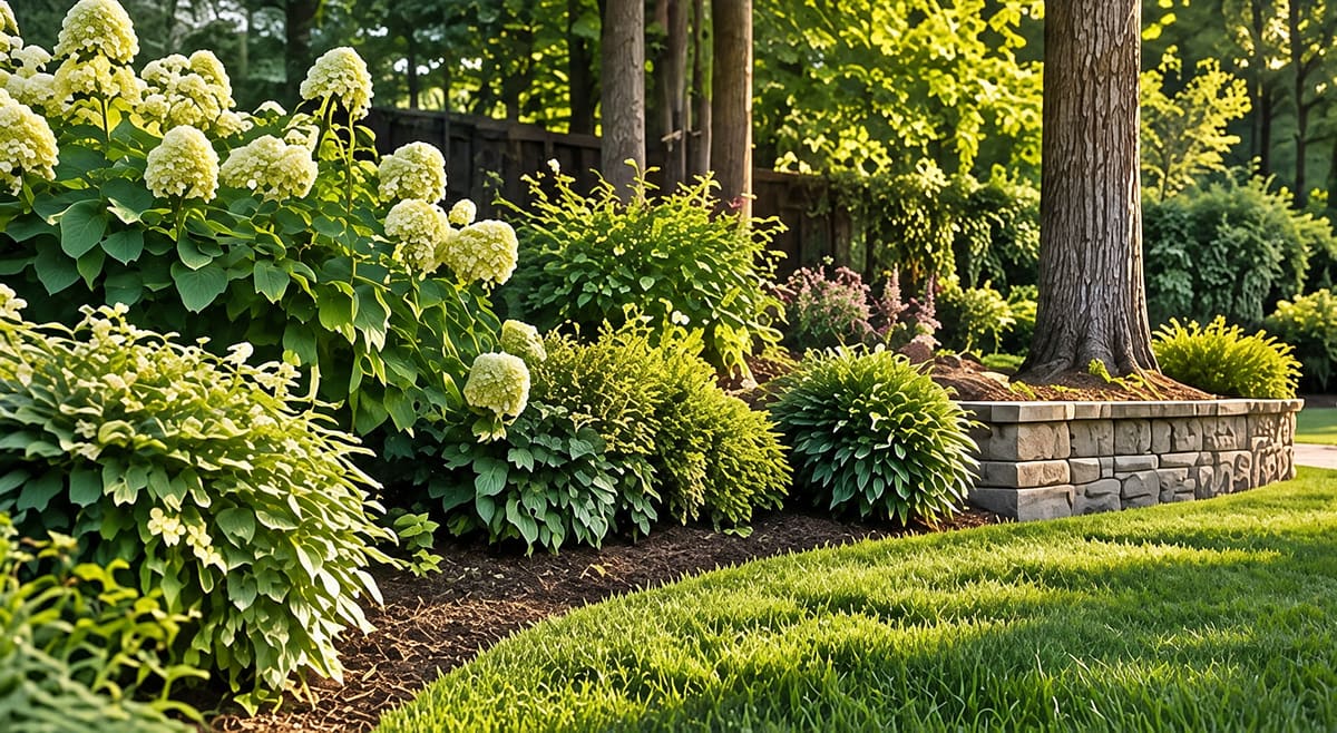 Healthy green grass along a planting border of hydrangeas and hostas beside a low stone wall