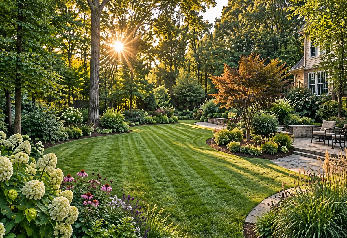 A wide backyard lawn with fresh mowing stripes, curving planting beds of hydrangeas and coneflowers, tall shade trees and a stone patio in late afternoon sun