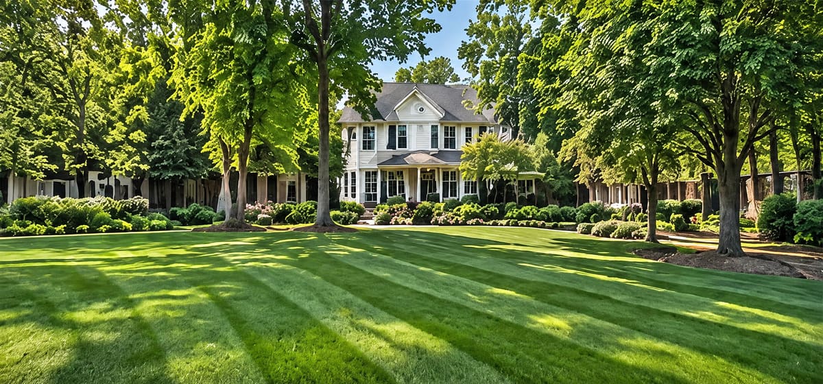 A wide striped lawn under mature shade trees in front of a large white house