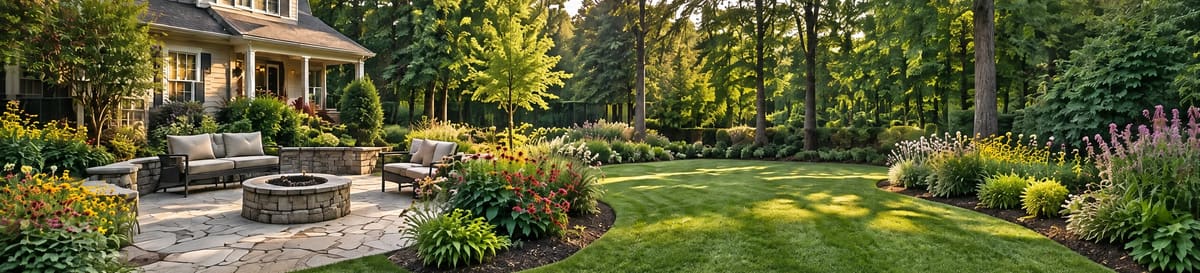 A backyard with a stone patio, fire pit and outdoor sofas beside a curving lawn edged with flowering beds and tall trees