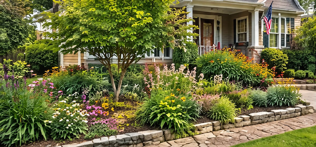 A front yard planting of native perennials and a small tree along a stone-edged walk to a house porch