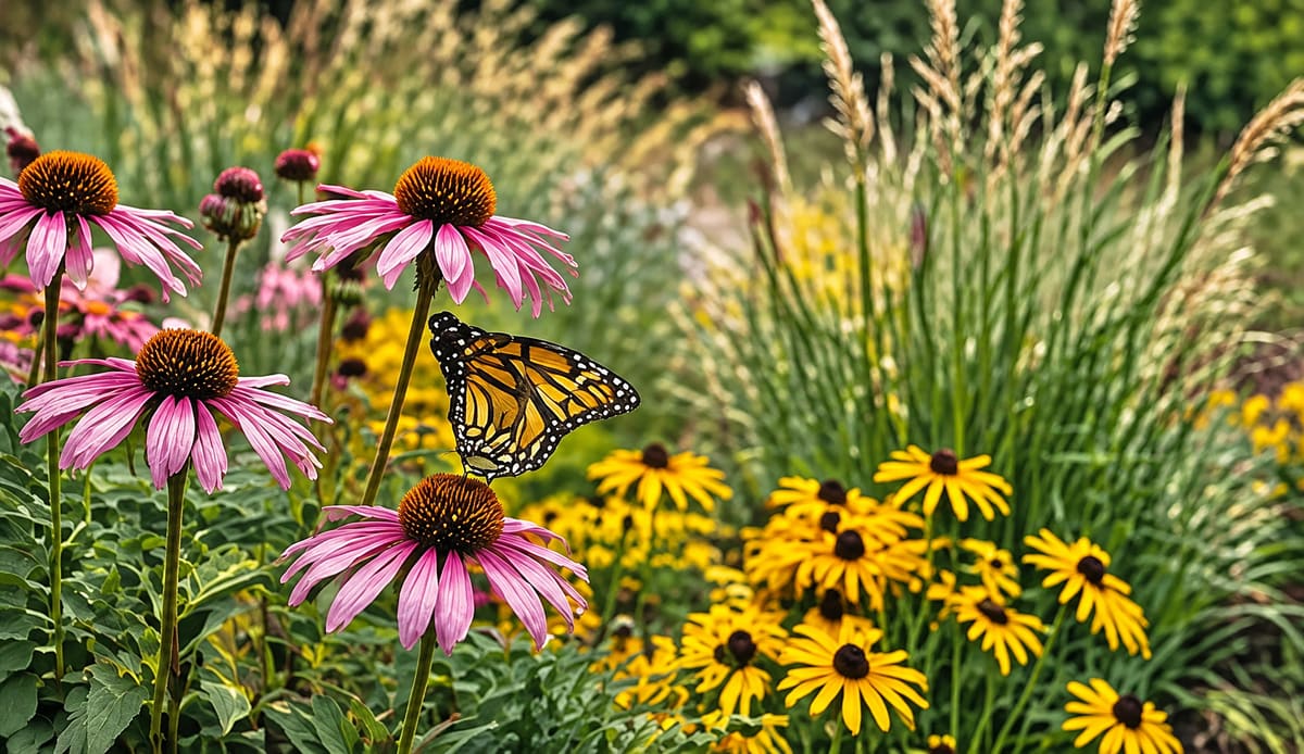 Purple coneflowers, black-eyed Susans and tall native grasses with a monarch butterfly resting on a bloom